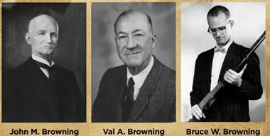 Three generations of gun designers. From left to right, John Moses Browning, his son Val Browning and Val's son, Bruce Browning. 