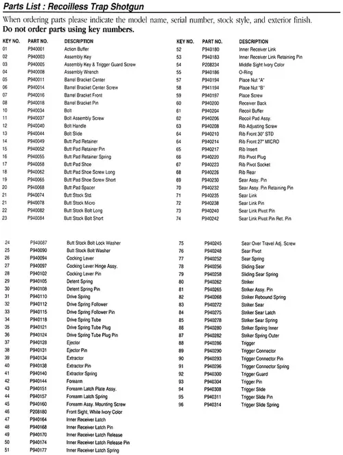 Browning Recoilless Trap Parts List