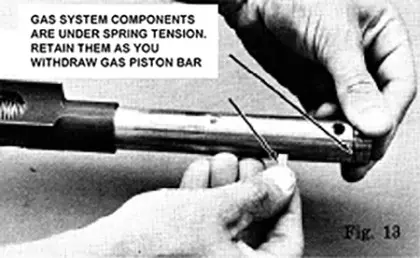 Gas system components are under spring tension. Retain them as you withdraw gas piston bar.